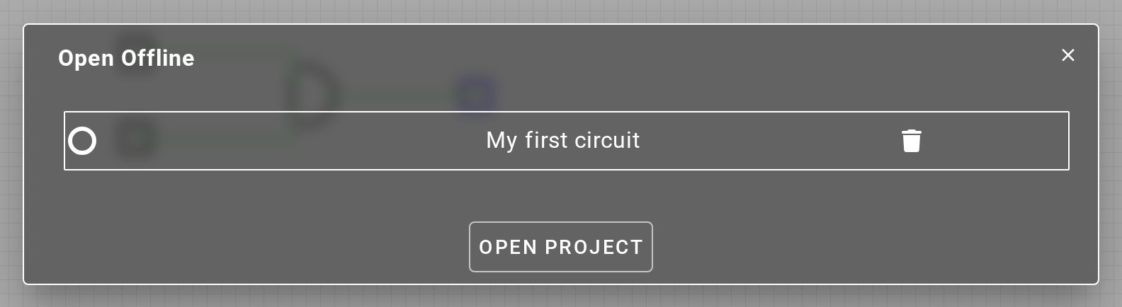 The Open Offline dialog listing saved projects