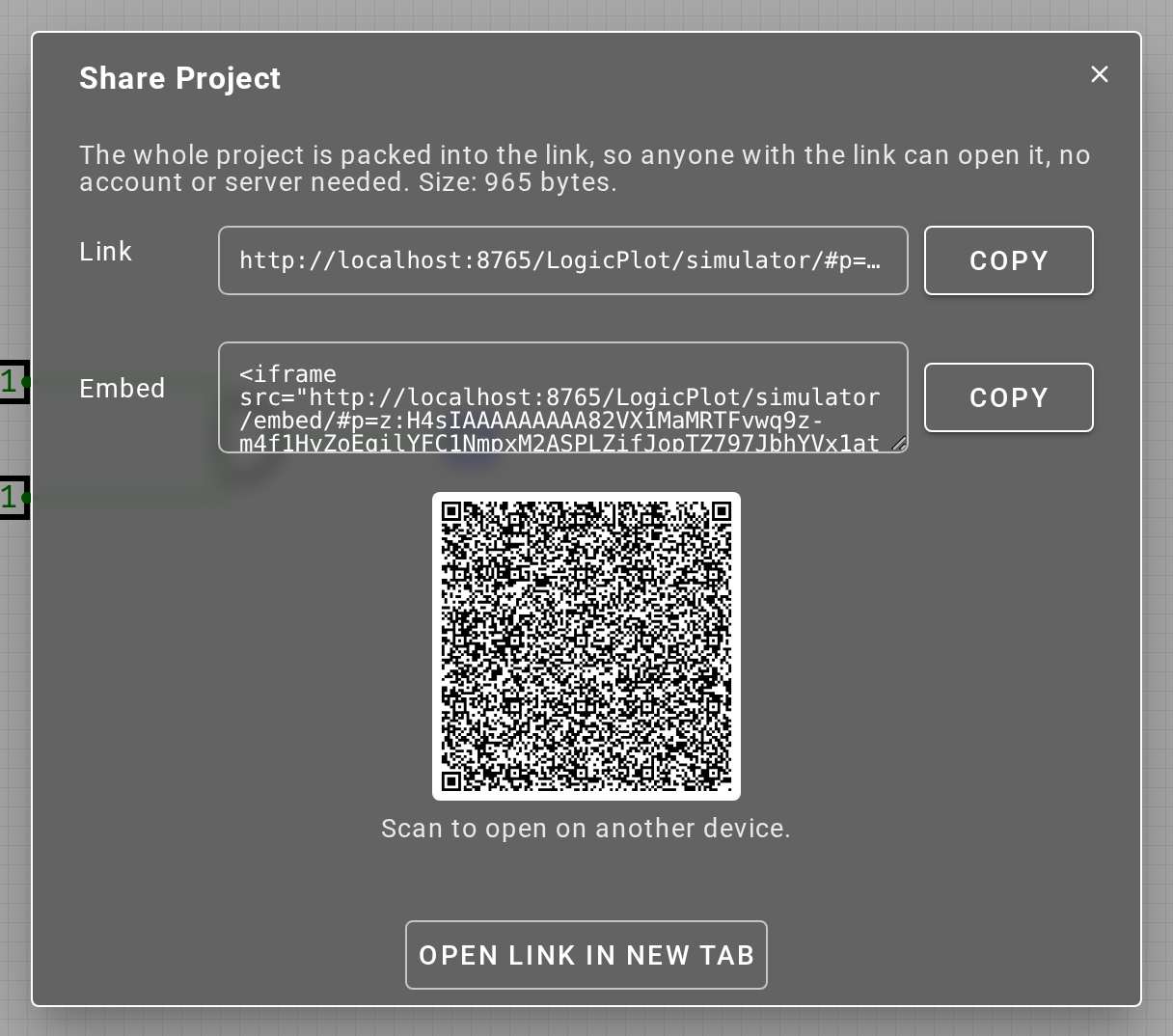 The Share Project dialog with link, embed snippet and QR code