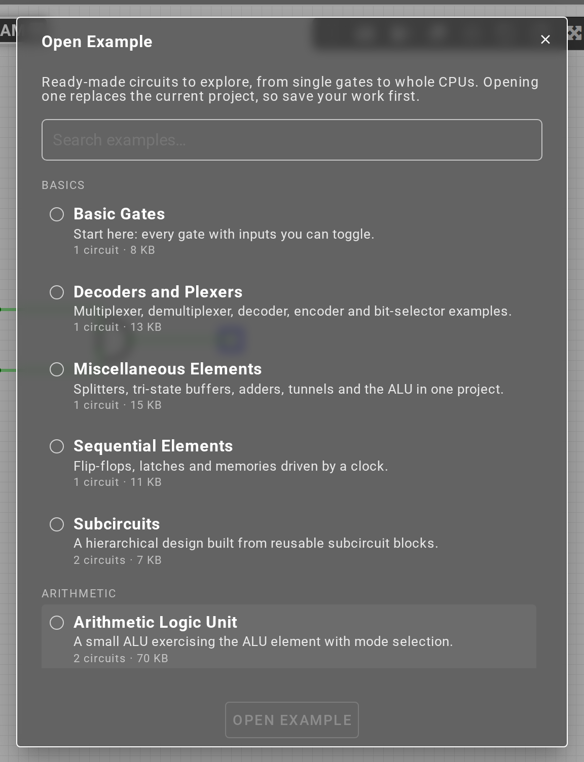 The Open Example dialog